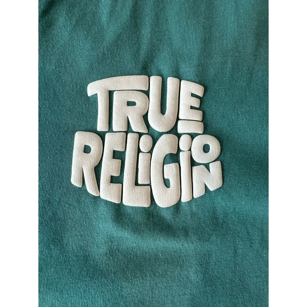 True Religion Mens Green Puff Print Graphic T-Shirt Fashion For The Senses NWT L